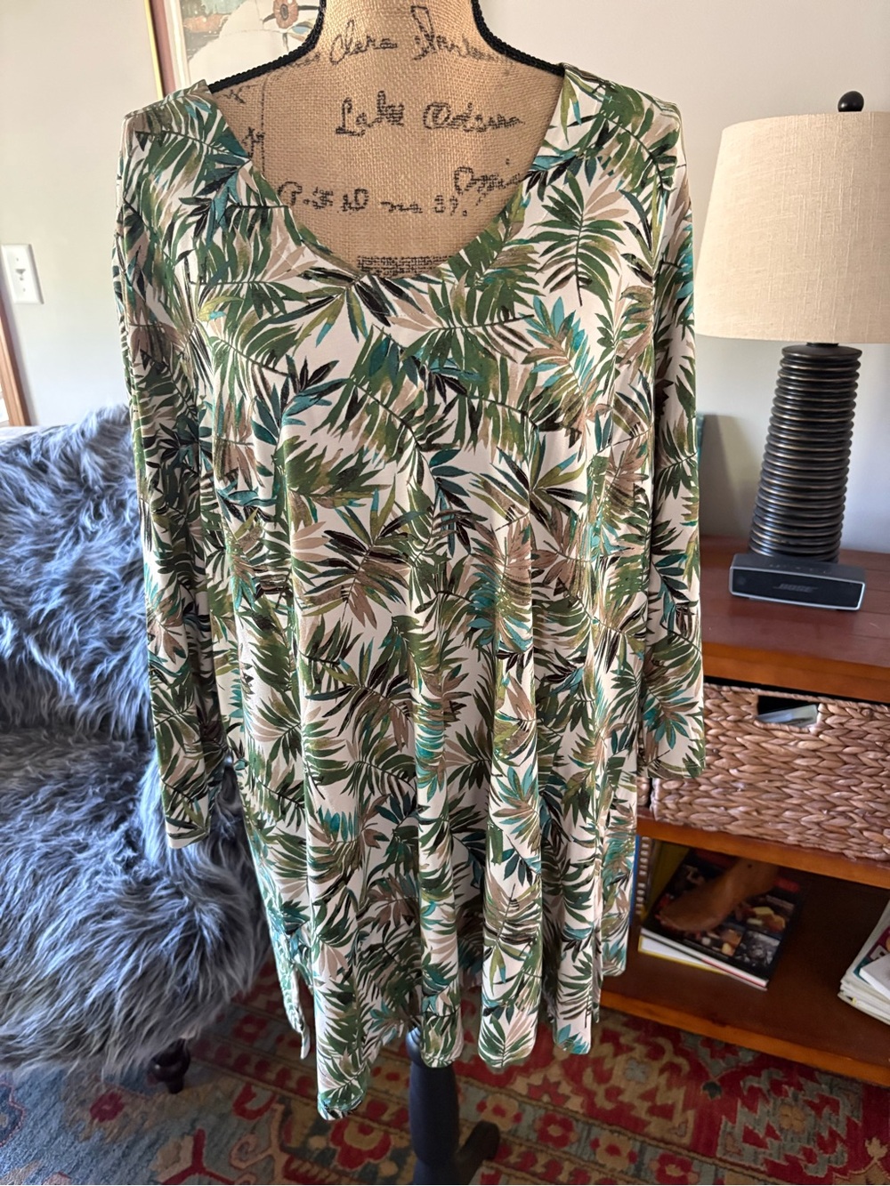 J. Jill Cream Tunic with Green Tropical Leaf Print